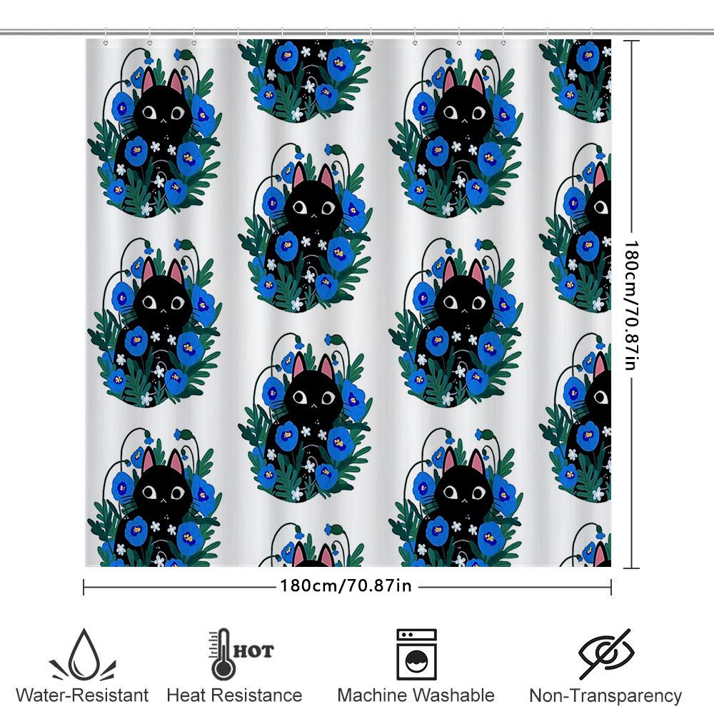 Floral Cat Shower Curtain Botanical Blue Flowers Home Decor Bathroom Set Vintage Nature Art Print Waterproof Fabric