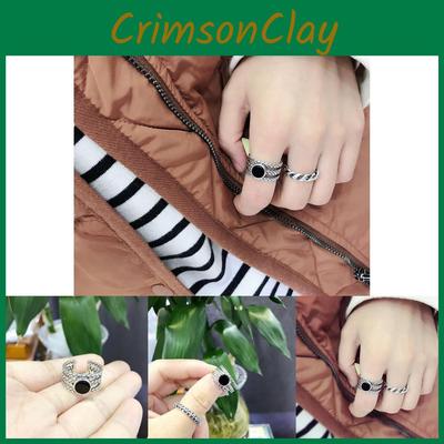 S925 Sterling Silver Ring For Women Stylish Three Row Vintage Design With Black Agate