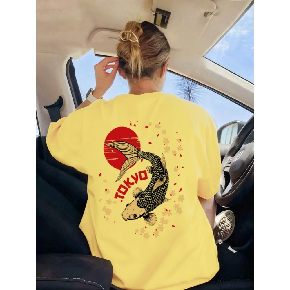 Tokyo Sunset Harajuku Koi Print Women Y2K Tee Shirts Casual Breathable T-Shirt Hip Hop Summer Woman Clothing Jogging