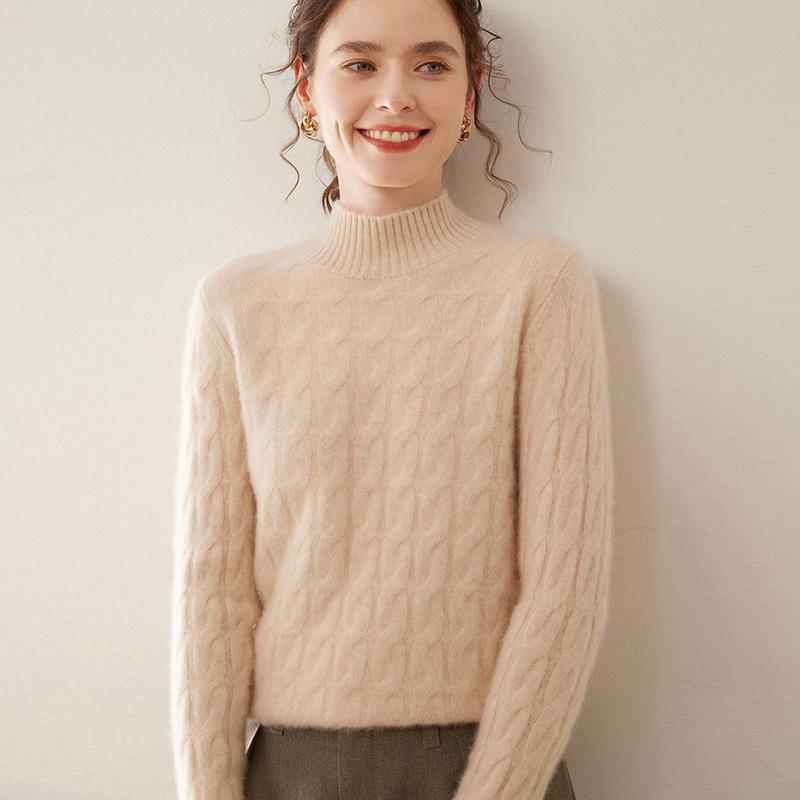 Women's Petite Cashmere Knit Sweater - Mid-High Neck, Thick, Loose Fit, Autumn/Winter 2024