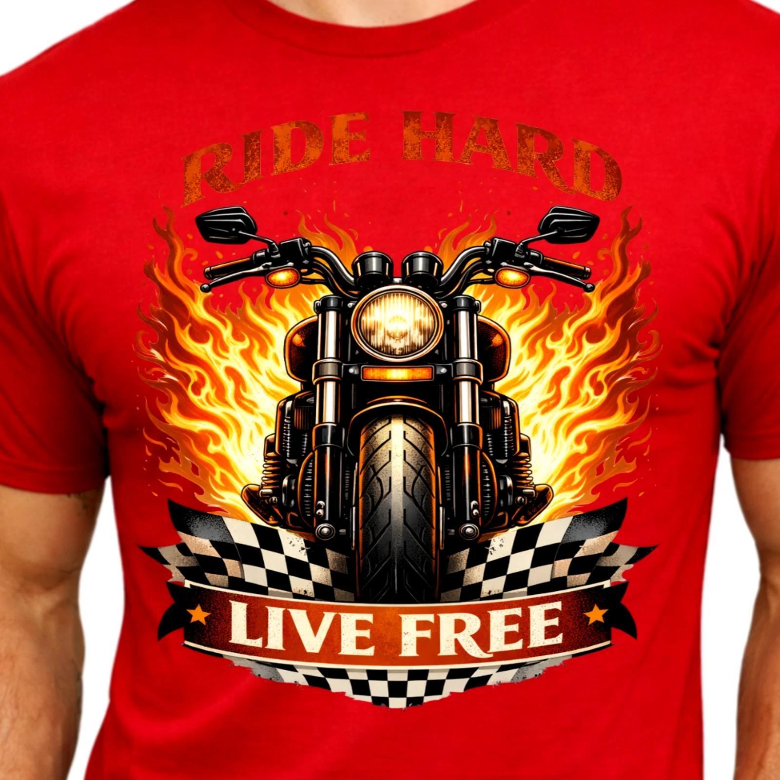 Ride Hard Live Free T-Shirt Flaming Motorcycle Checkered Flag Biker Graphic Tee M