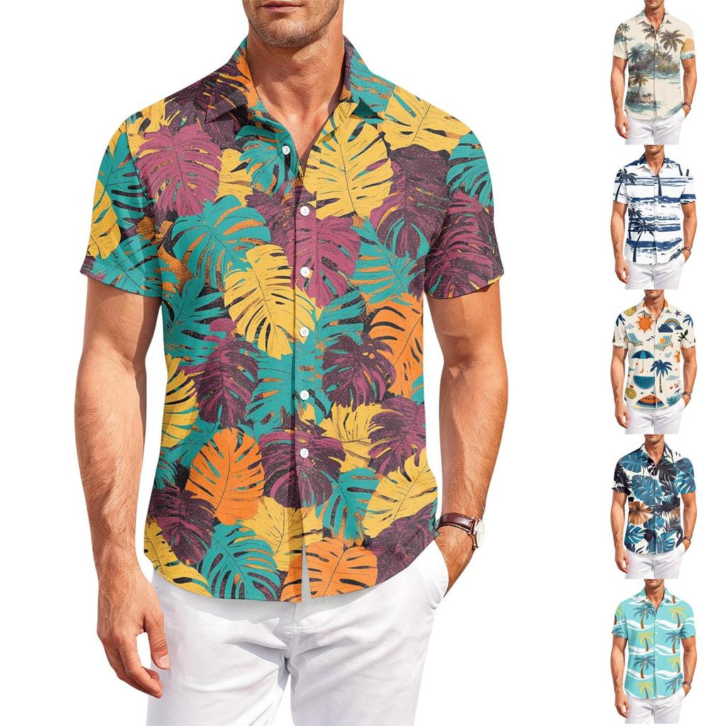 Men’s Short Sleeve Button Down Shirt with Tropical Leaf Print Casual Collared Summer Outdoor Relaxed Fit Top for Everyday Wear