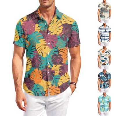 Men’s Short Sleeve Button Down Shirt Casual Outdoor Collared Top with Tropical Leaf Print for Summer Vacation Beach