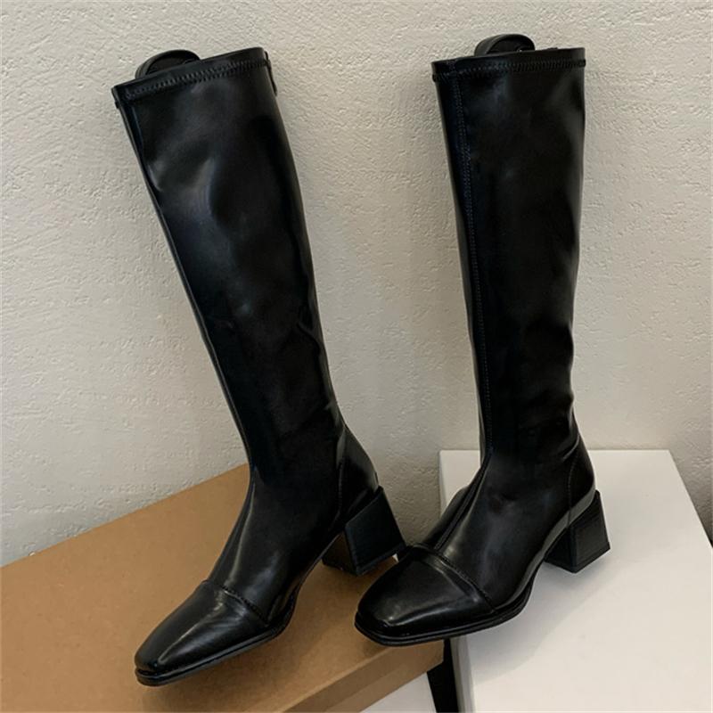Eilyken Neue Kniehohe Lange Stiefel mit Runder Spitze aus PU-Leder Damen Reißverschluss Quadratische Niedrige Absätze Party Damenschuhe