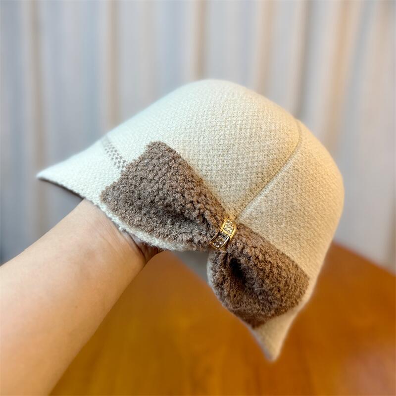 Women's Autumn and Winter Fashionable Warm Bowknot Fisherman Hat, Internet Celebrity Bucket Hat, Korean Style Versatile Knitted Hat