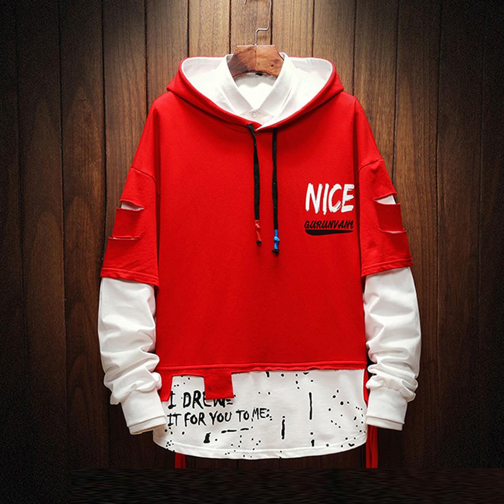 Men  Splicing Button Pullover Long Sleeve Hooded Sweatshirt Tops Blouse