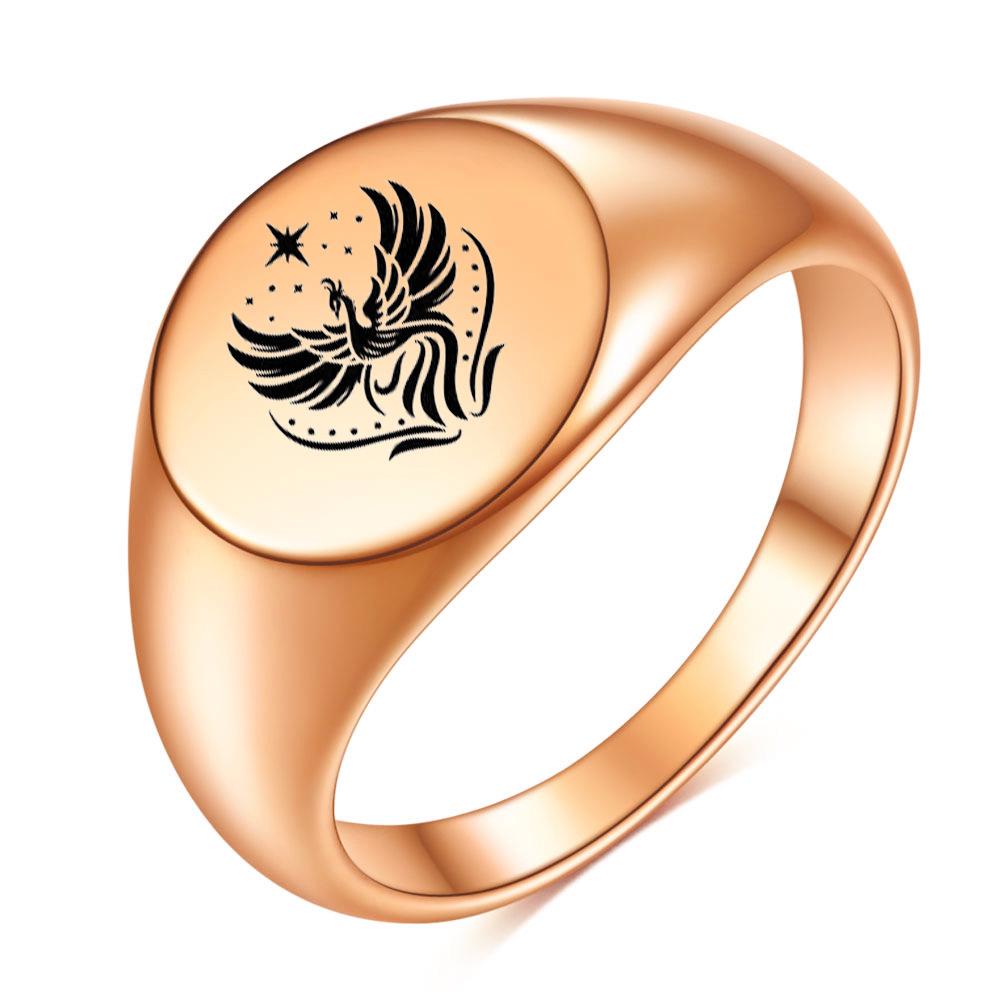 Stainless Steel Mirror Finish 12MM 18K Gold Engraved Phoenix Women's Ring