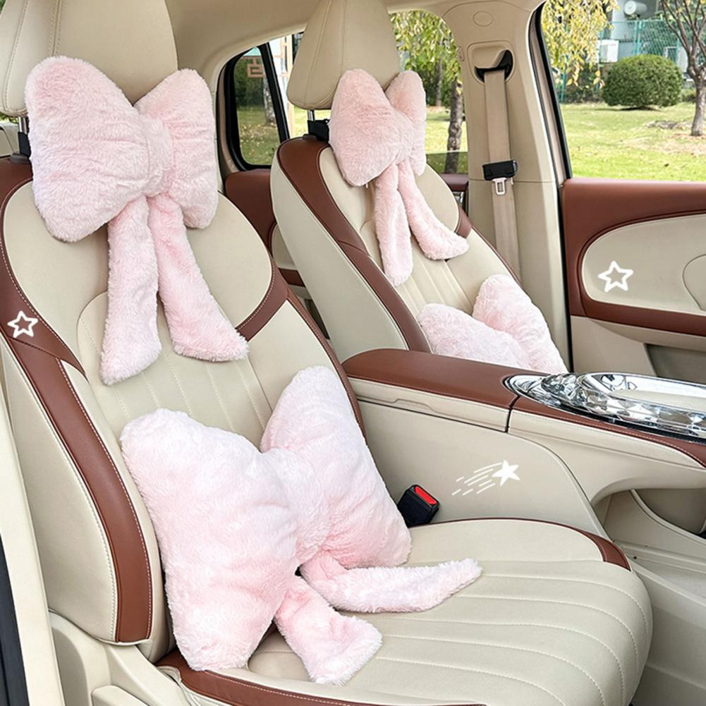 Soft Car Neck Pillow Lumbar Support Plush Bow Car Headrest Pillow Soft Lumbar Support Cushion Comfortable Waist Pillow