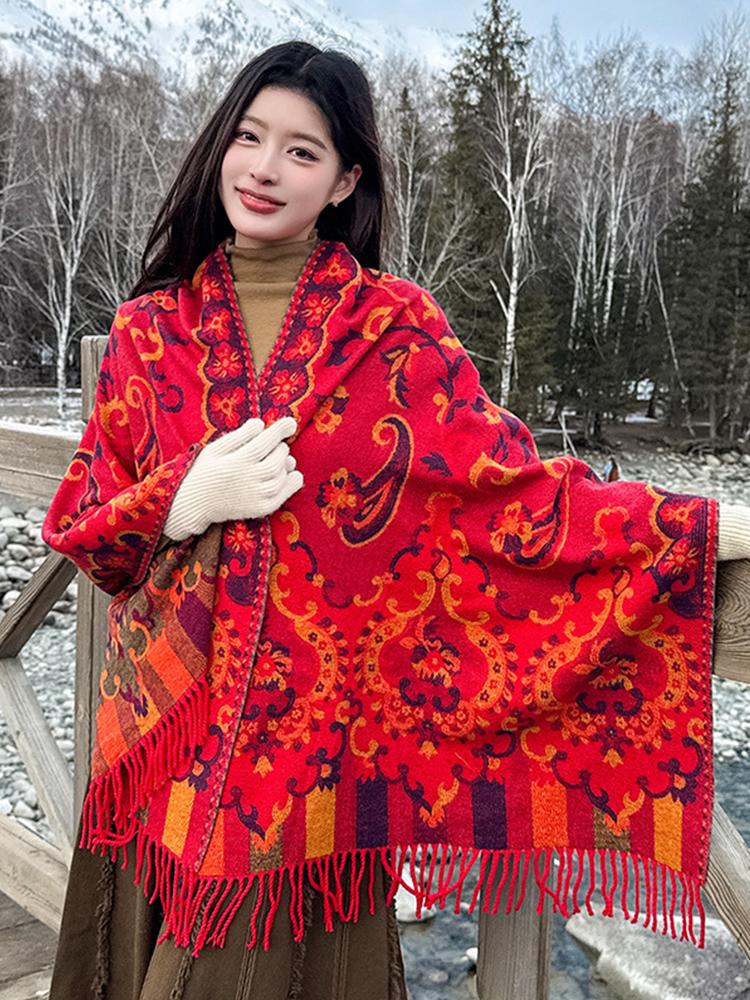 Winter Scarf Women Ladies Layers Poncho Elegant Red Floral Tassel Wrap Shawl Casual Warm Scarve Capa Para Pashmina Cloak Vintage