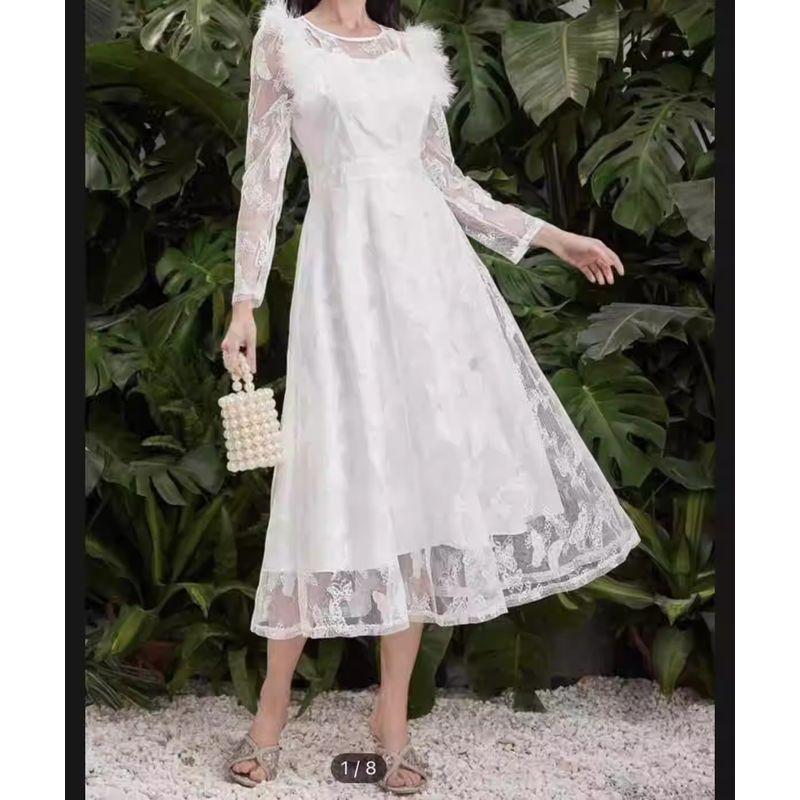 

French Style Go-Getter Girl Style Furry Patchwork Lace Sheer Long Sleeve Youth White Fake Two-Piece Dress Expansion Skirt for Vacation Dress Elegance White XL