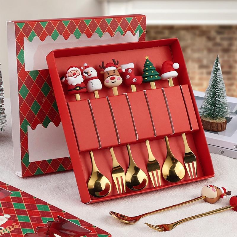 2/4Pcs Stainless Steel Xmas Spoon Fork Cutlery Set Cute Cartoon Handles for Holiday Party Table Decor