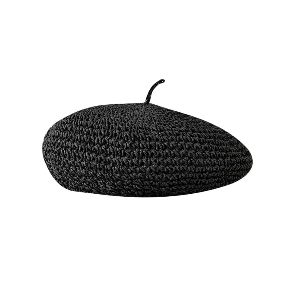 Boho Handmade Summer Straw Beret Thin Breathable French Crochet Beret Hollow Flat Design Beach Weave Beret Holiday Wear
