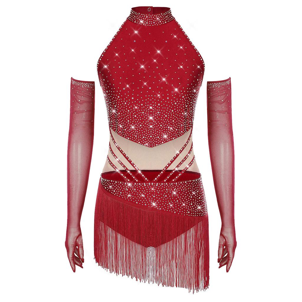 Womens Latin Figure Skating Leotard Sleeveless Back Hollow Out Tassel Skirted Bodysuit Mesh Gloves Dancing Costume