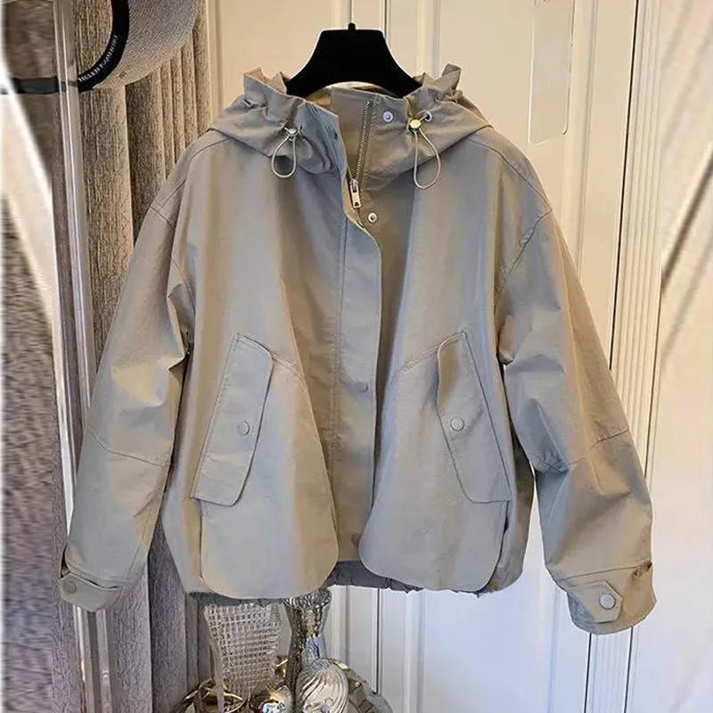 

Women s Spring/Fall Casual Loose-Fit Patchwork Short Jacket with Large Pockets Zip-Up Trench Coat Designed for Petite Women XS хакі