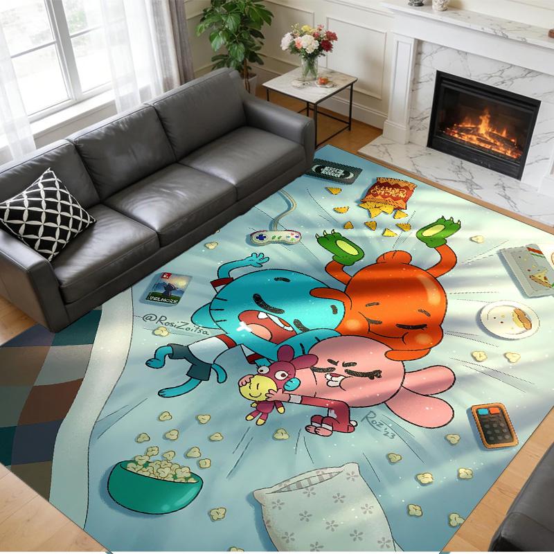 Anti‑Slip Crystal Velvet Floor Rug, Amazing World of Gumball Design Carpet for Indoor Living Bedroom Home Decoration
