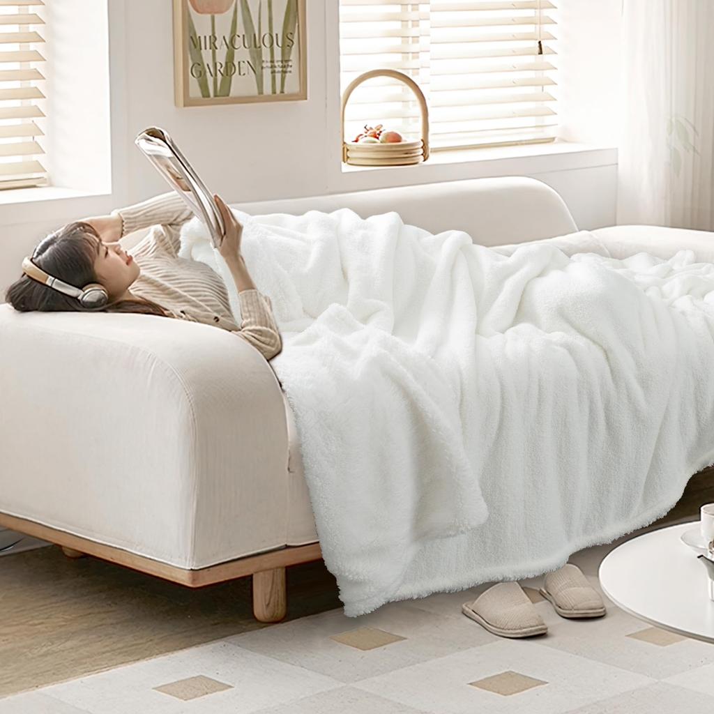 Carriediosa Flauschige Decke, Einzel-Schaf-Boa-Decke, 140 x 200 cm, Fleecedecke für 2 Teile, warm, flauschig, weich, dick, warm, wendbar, Hellweiß