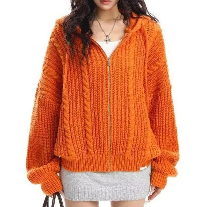 Американский повседневный вязаный свитерок с капюшоном для женщин - Модная свободная куртка ВеснаОсень 2025 M оранжевый 2650₽