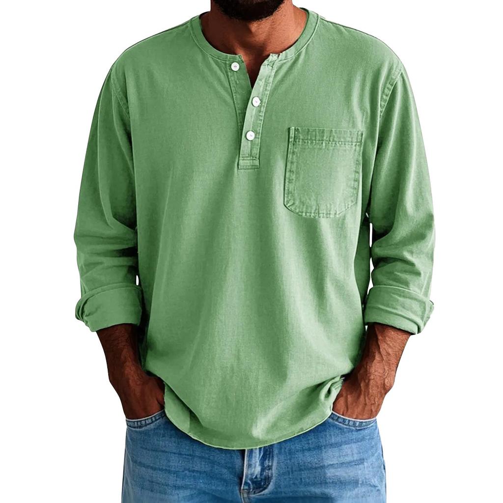 Men's Solid Color Distressed Button Collar Long Sleeve Tops Men's Casual Fashion Tops