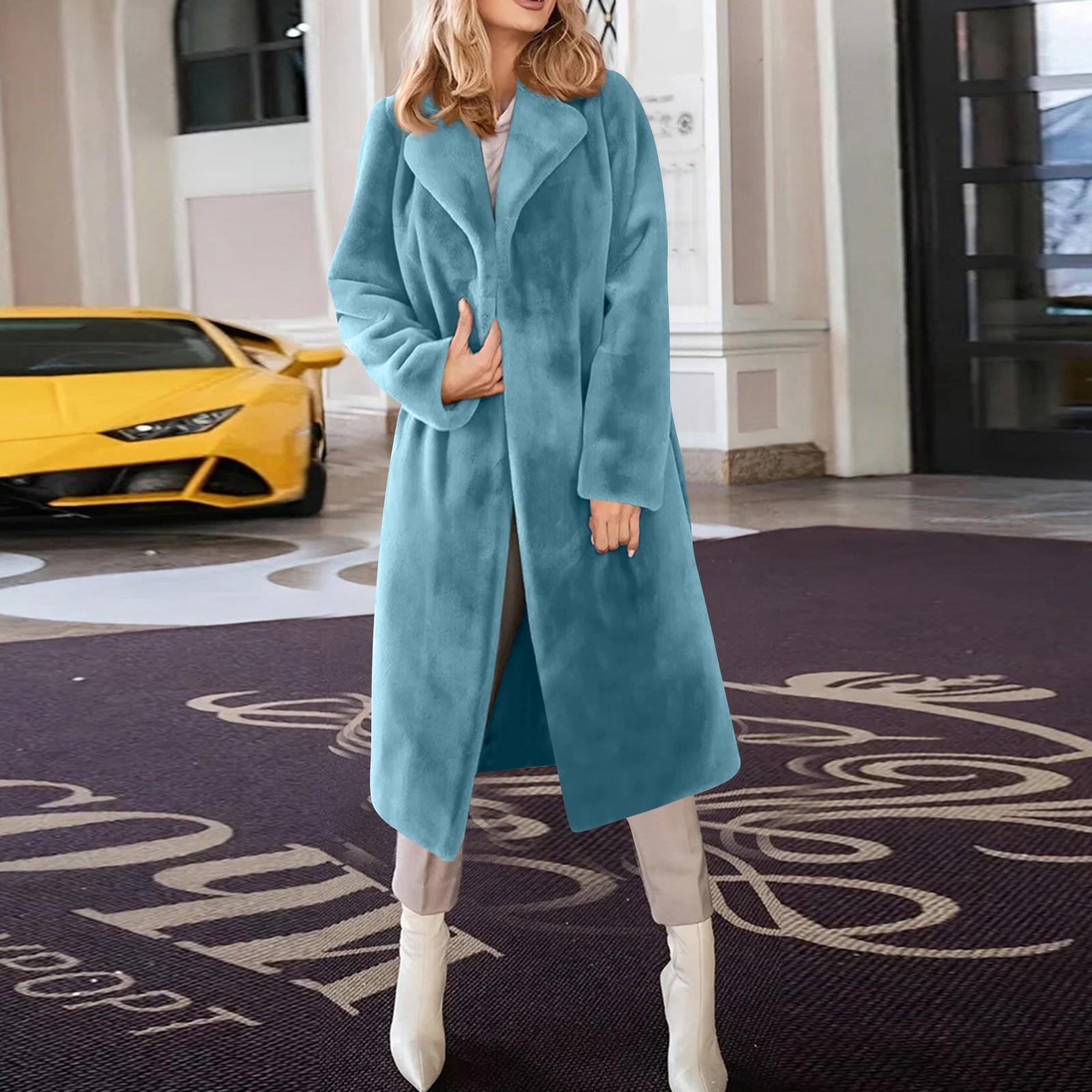 

Женское модное повседневное однотонное толстое теплое длинное пальто с лацканами из плюша XXXXL синий