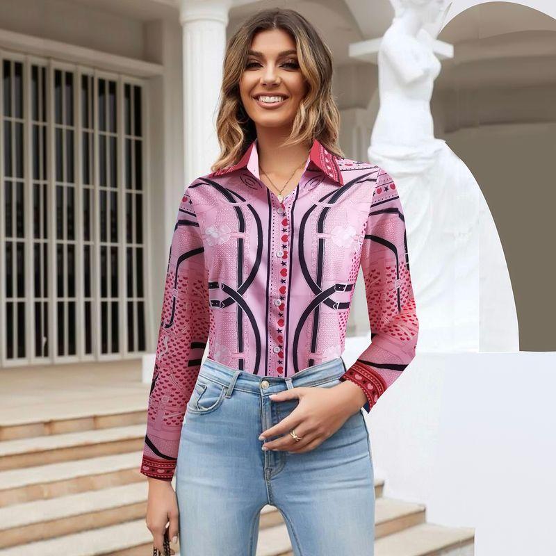 Fashion Spring & Fall New Lapel Work Clothing Ol Fashion Single-Breasted Straight-leg Gingham Geometric Print Long Sleeve Shirt Top