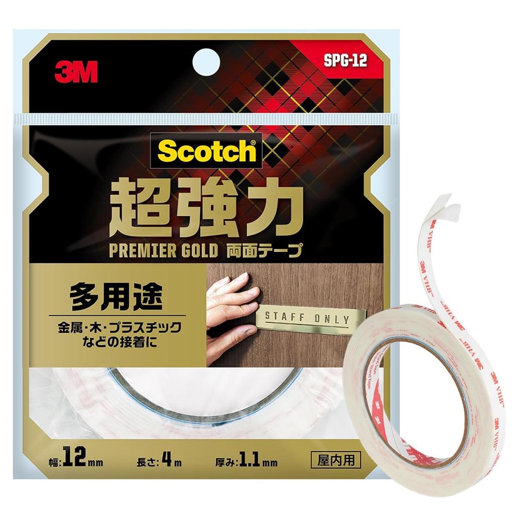 3M Scotch Premium Gold Super 12mm Wide x 4m Long SPG-12 Semi-Long Double-Sided Tape, Strong, Multi-Purpose,