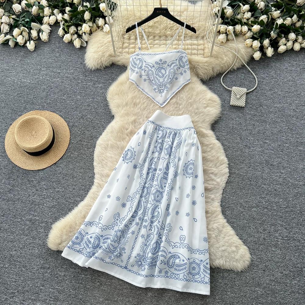 Boho Chic Paisley Print Two Piece Set Women Summer Sleeveless Spaghetti Strap Crop Top + High Waist Midi Skirt Sets Beach Vacation Skirt Suits