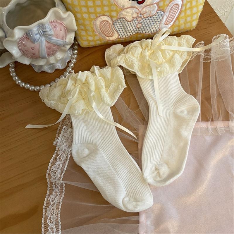 Breathable Cotton Hosiery Socks for Girls Toddler Stretchy Knee High Socks Puff Edge Lace Bows Socks for Autumn Spring