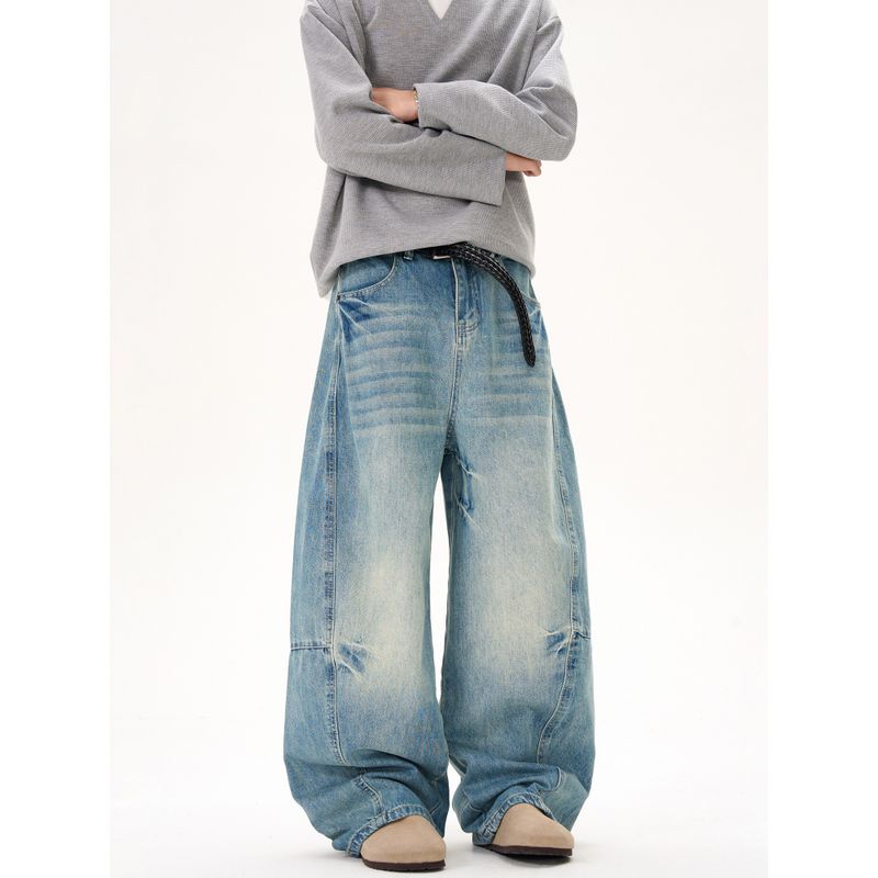 Kisko American Retro Washed Distressed Lightning Pattern Scimitar Jeans Unisex Trendy Loose Slimming Banana Pants