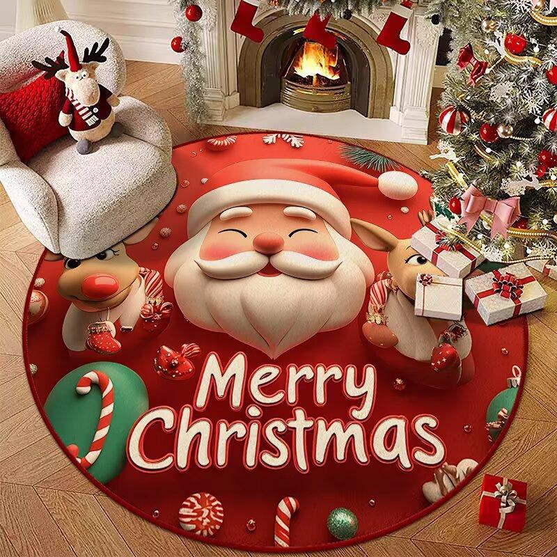 Christmas Joyful Santa Claus Gift Boxes Carpet Mat Round Red Candy Canes Rug Festive Non-slip Home Decoration for Living Room