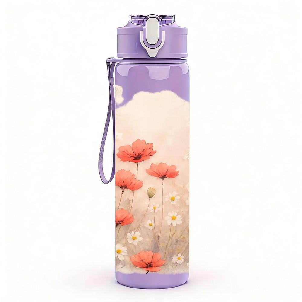 1PC Soft Pink White Cloud Flower Print 750ml Color Plastic Sports Water Bottle Leakproof Flip Straw Lid Suitable for Sports Office Home Use