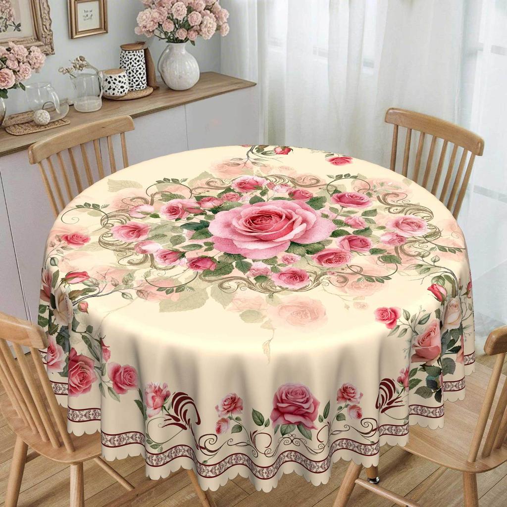 Pink Rose Pastoral Round Table Cloth, European Retro Table Cloth, Waterproof And Oil-Proof Household Round Table Cloth