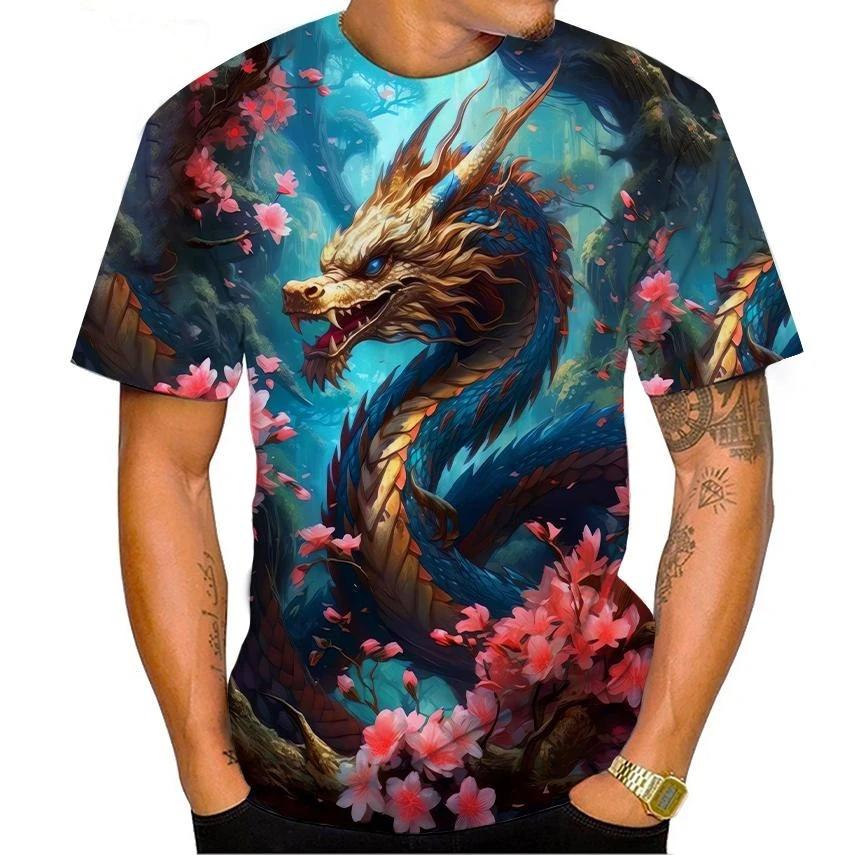 Summer Round Neck 3D Dragon Print Top Fashionable Casual Colorful Short Sleeved Men's T-shirts