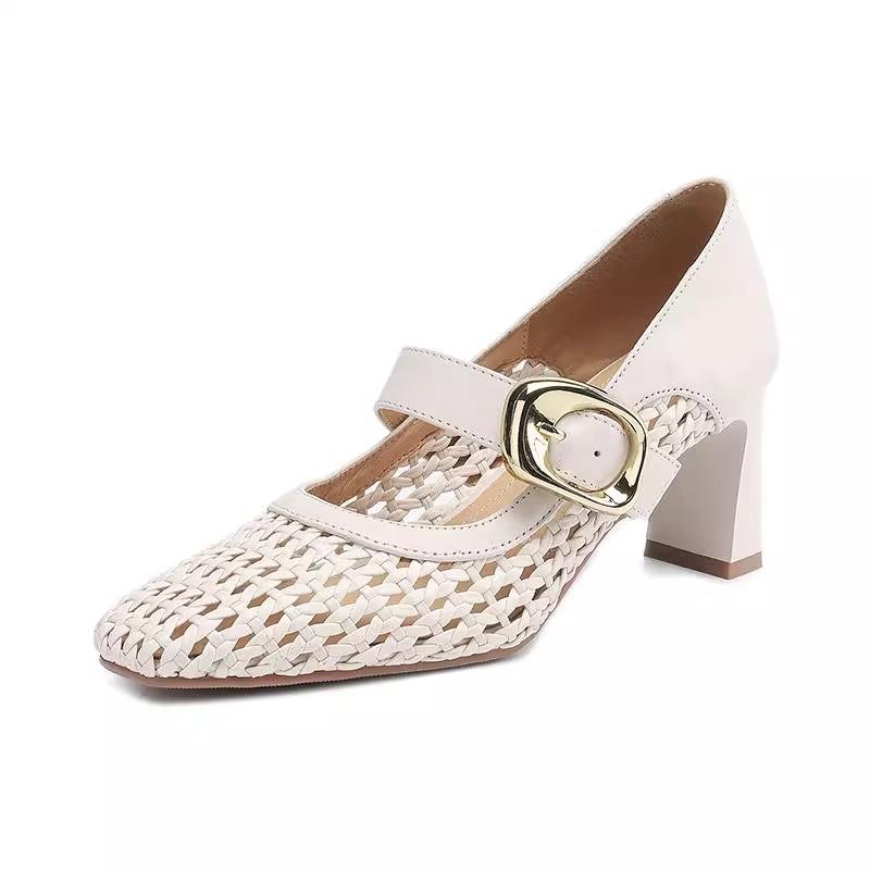White high heels women's summer thick heels single shoes women's new breathable women's shoes French woven hollow bag head sandals
