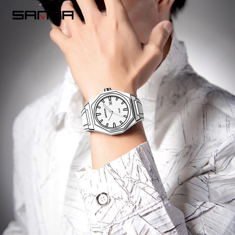 SANDA Fashionable Men's Quartz Watch Waterproof Silicone Strap Unique Scale Calendar Creative Lines Student Watches