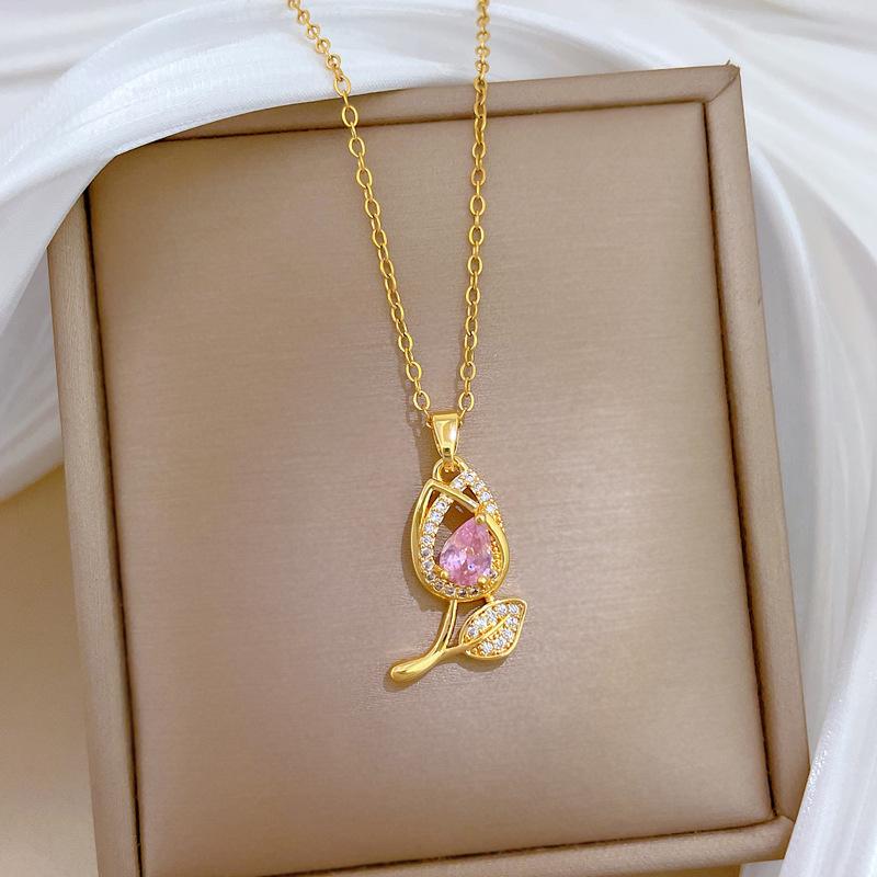 Sweet Pink Zircon Tulip Flower Pendant Necklaces for Women Stainless Steel Chain Cute Flower Jewelry Accessories Gifts for Lover