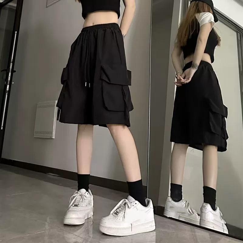 Y2K Cargo Shorts Damskie Harajuku Czarne Oversize Szerokie Szorty Letnie Streetwear Moda Wysoki Stan Luźne Krótkie Spodnie