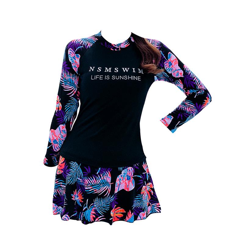 "Women's Conservative Split Skirt Swimsuit, Long Sleeve, Sun-Protective, Korean Style"
