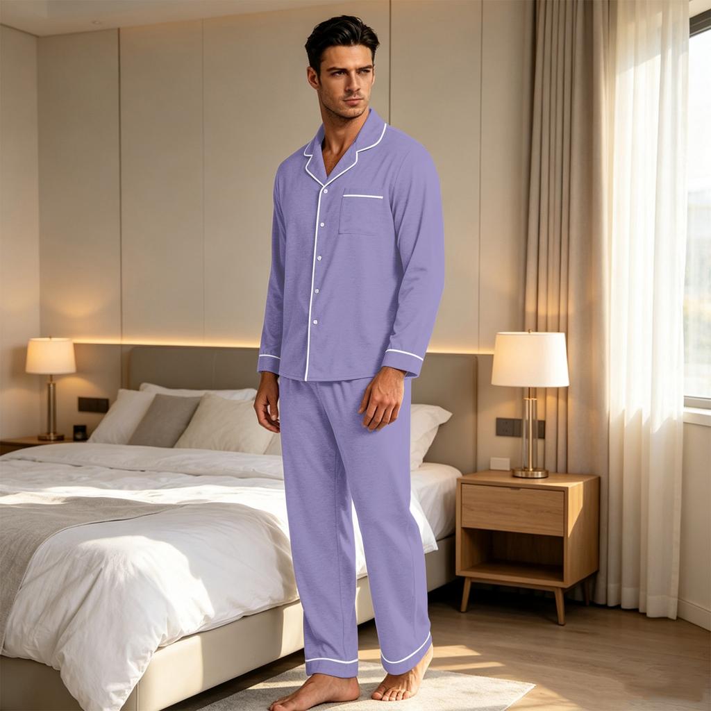 Herren Casual Farb-Pyjama-Set mit durchgeknöpftem Hemd und gerader Hose - Zweiteilige bequeme Nachtwäsche