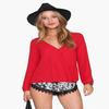 T-shirt Eleganti da Donna Manica Lunga Sottile Scollo a V Camicia in Chiffon Bianca Nera Rossa