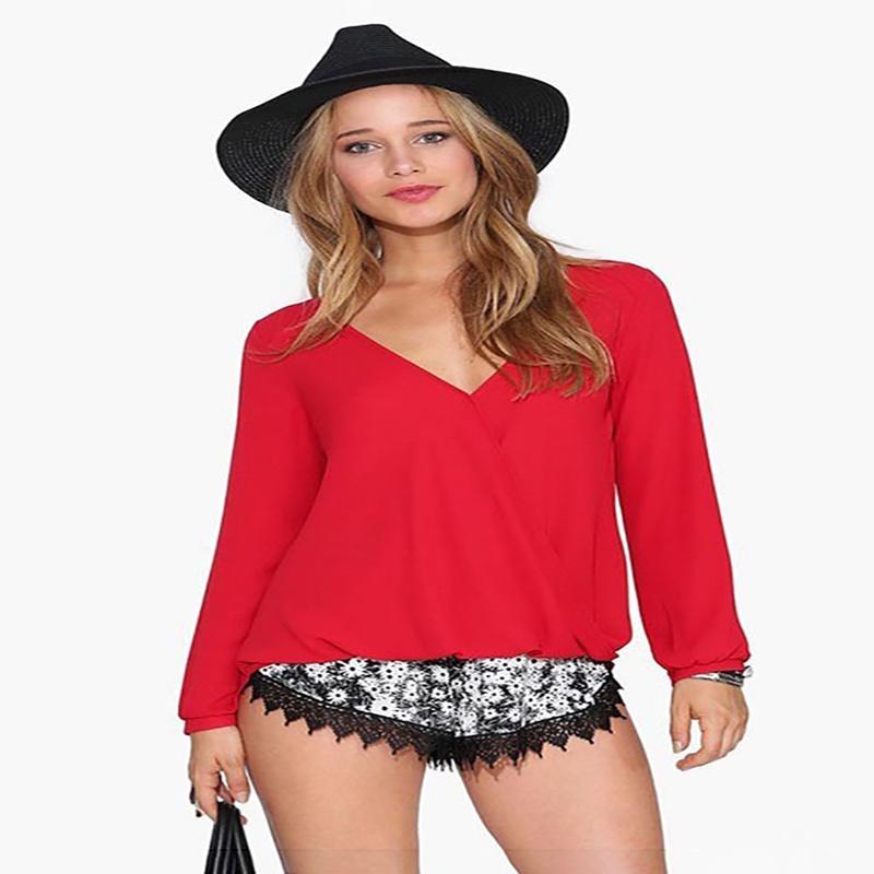 T-shirt Eleganti da Donna Manica Lunga Sottile Scollo a V Camicia in Chiffon Bianca Nera Rossa