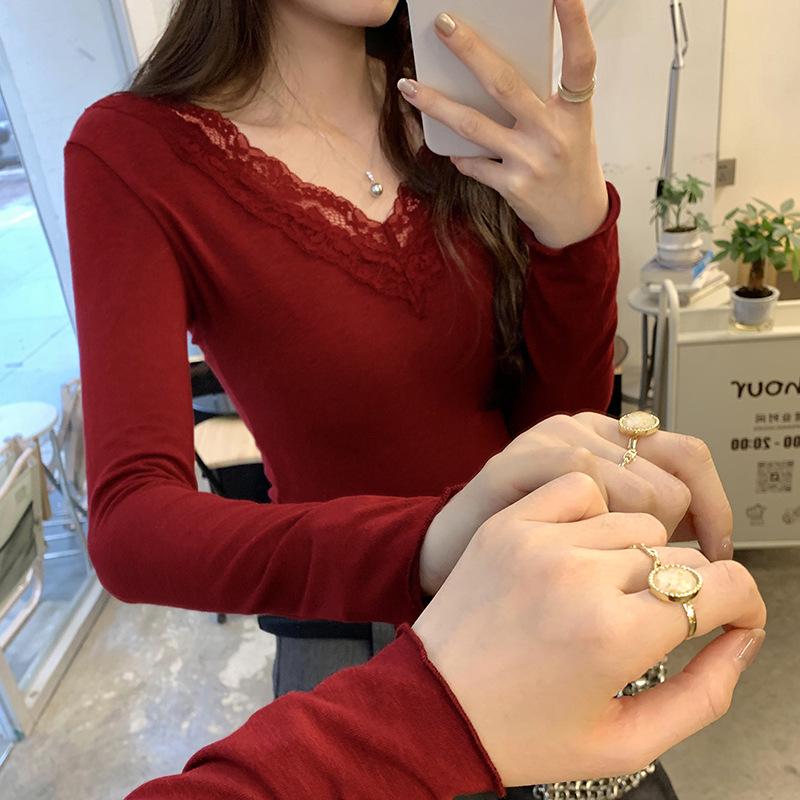 Spicy Girl Black Lace Patchwork V-neck Slimming Long Sleeve Top for Women