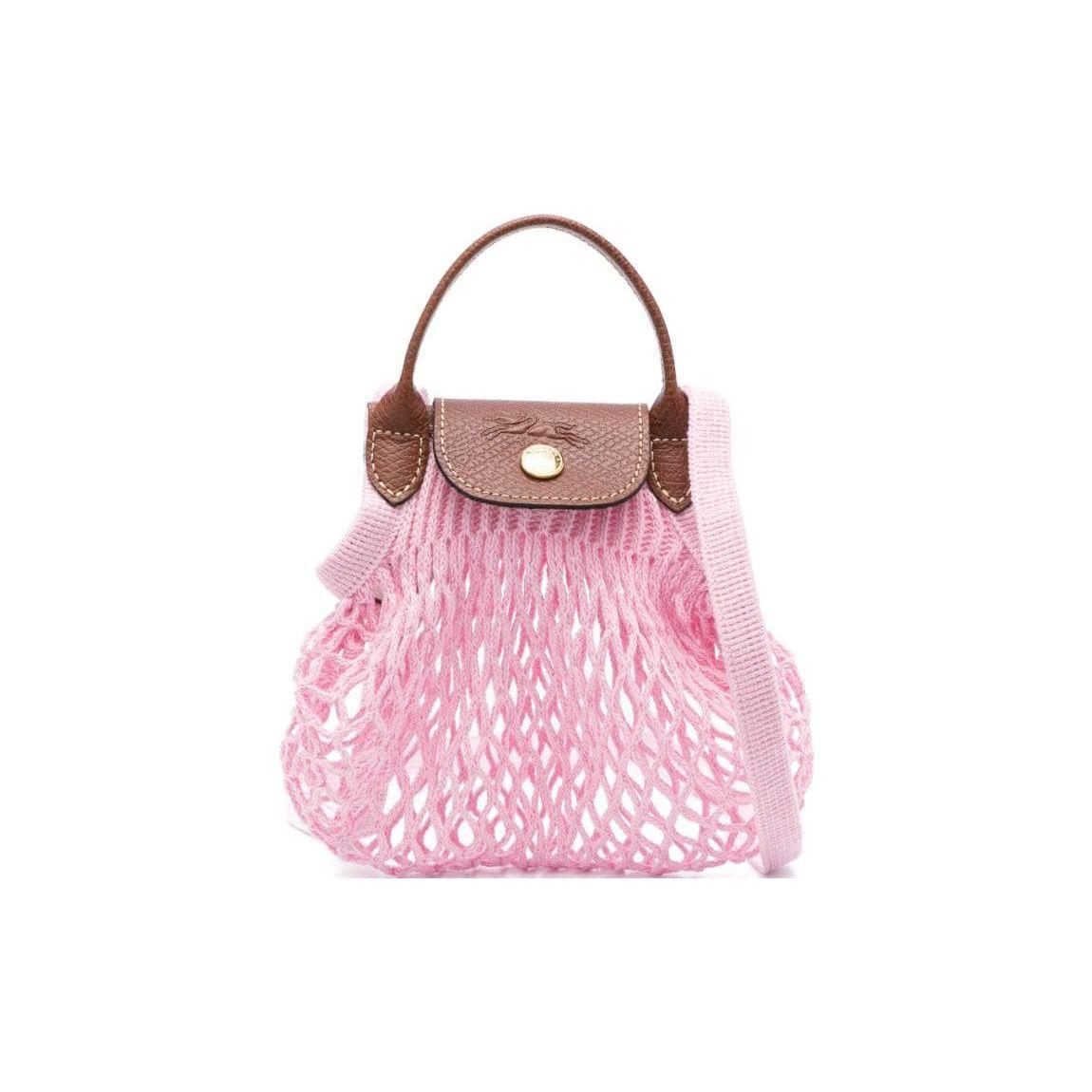 Longchamp Le Pliage Filet 17 Hollow Flap Snap Closure Net Bag Cotton And Leather Trim Mini Handheld Shoulder Crossbody Bag Women Bags Pink 10139HVH018 Pink