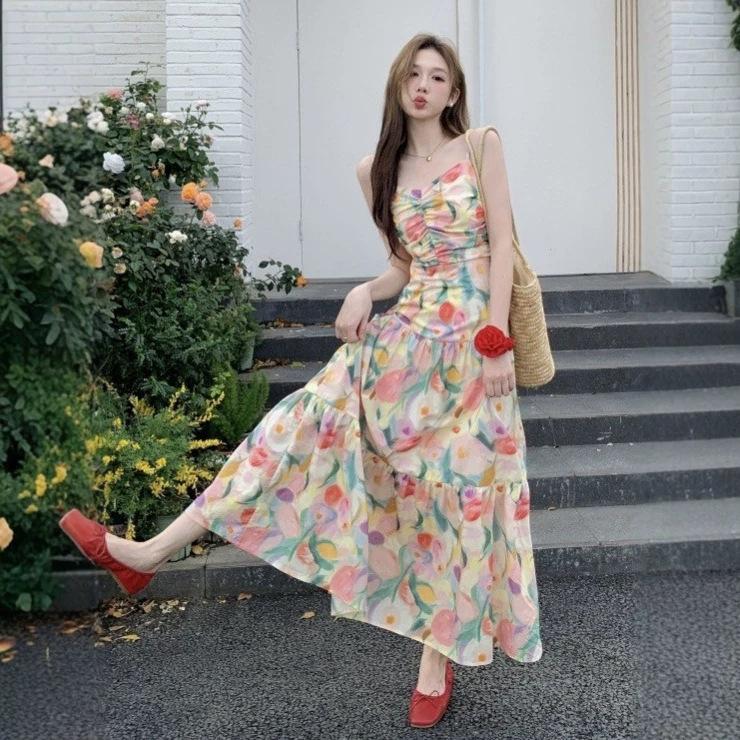 Seaside Vacation Dopamine Floral Dress with a Unique Design, a Stunning and Stunning Fairy-like French Spaghetti Strap Long Dress
