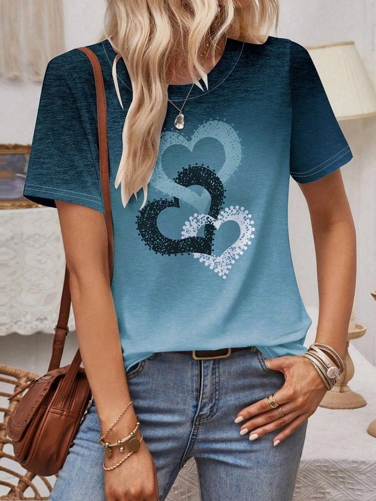 Fashion Heart Print Ombre Tee Fashionable Women's T-shirts Casual Round Neck Short Sleeve Tops Harajuku T-Shirt For Woman Summer