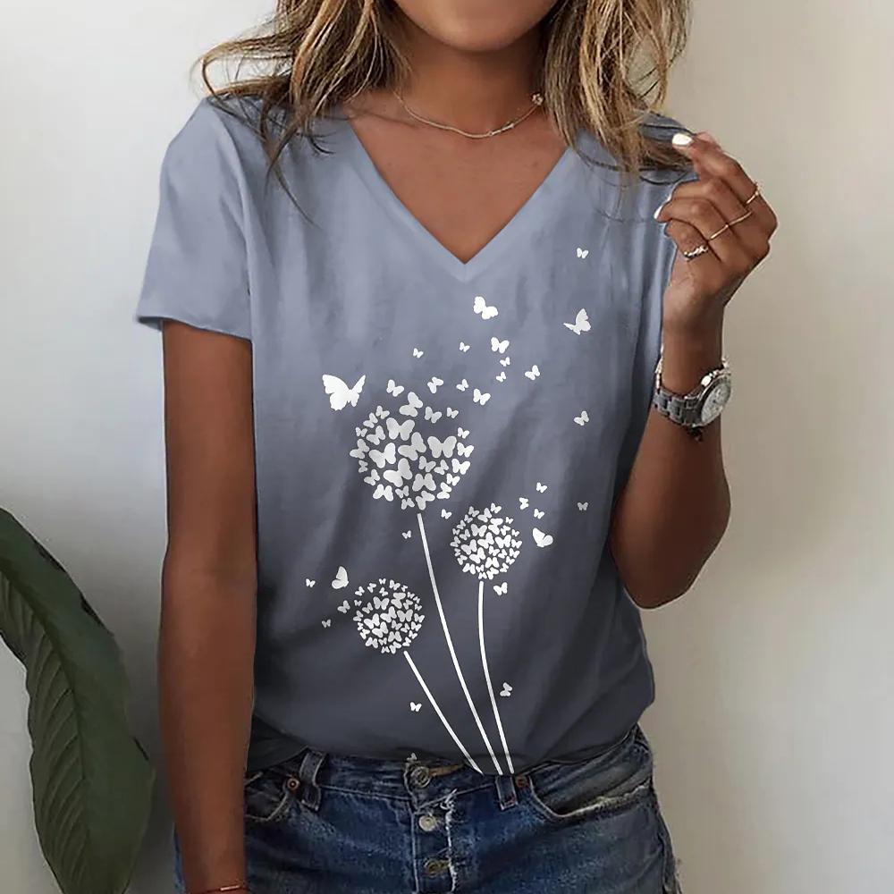New dandelion pattern 3D printed T-shirt for women - casual and fashionable street wear with short sleeves and V-neck design.