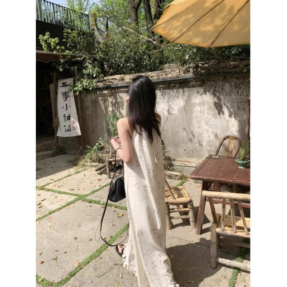 New Chinese Style Dark Pattern Bamboo Neck Dress Women's Summer New Beach Loose Design Holiday Style Long Skirt