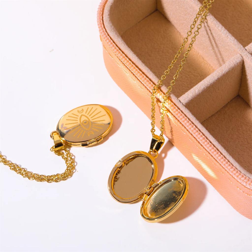 Gold Color Elliptic Sun Moon Eye Pendant Necklace Stainless Steel Geometric Opening Closing Photo Box Choker Trendy Jewelry