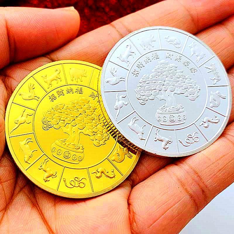 Douze signes du zodiaque, l'Année du Dragon, médaille commémorative avec impression couleur dorée, cadeau artisanal, année de vie du dragon, pièce cadeau arbre à argent