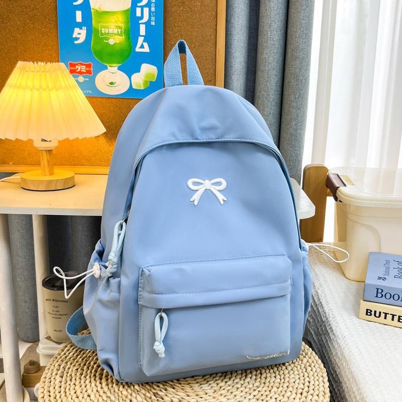 Schoolbag Japanese Ins Small Fresh Student Schoolbag Female Cute Embroidered Bow Backpack Solid Color Foreign Style Travel Backpack
