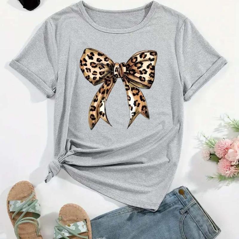 Summer New  Leopard Print Bow Short Sleeve Print Clothing Women's T-Shirt Harajuku Graphic Clothing Women's Top Tee